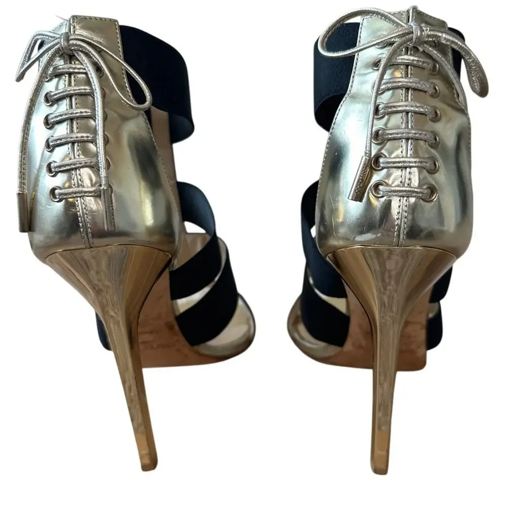 Jimmy Choo Dario Black Ladder Strap Gold Heel Sandals‎ Size US 8, IT 38